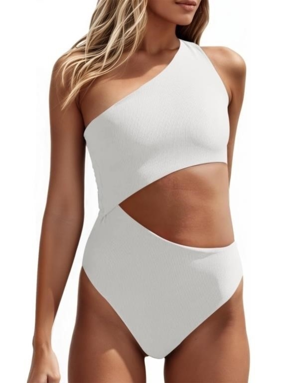 One Shoulder Cutout Ribbed One Piece Swimsuit White Size Small Vacation Beach